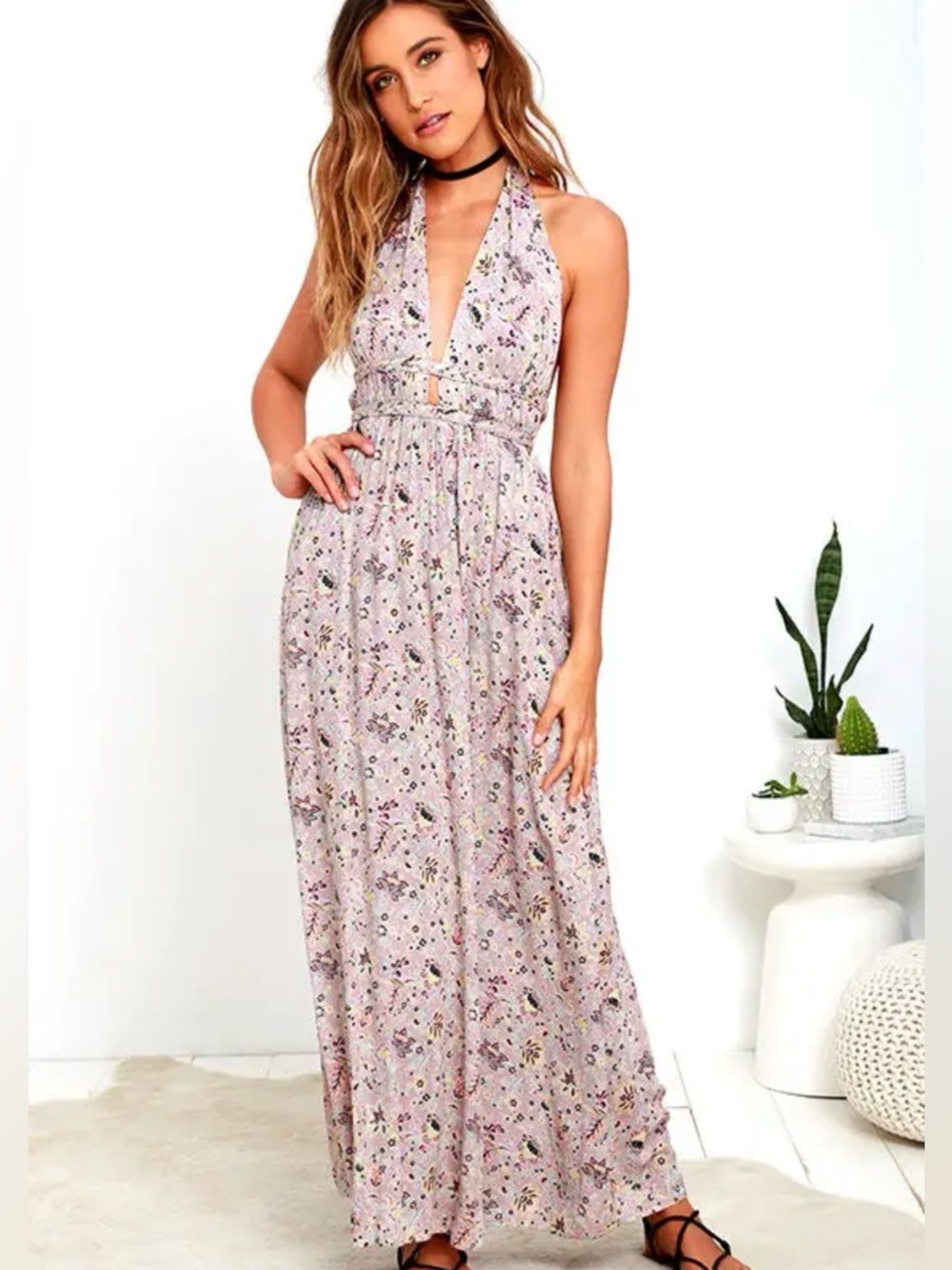 Lulu's Truth Be Told Mauve Print Halter Maxi Dress